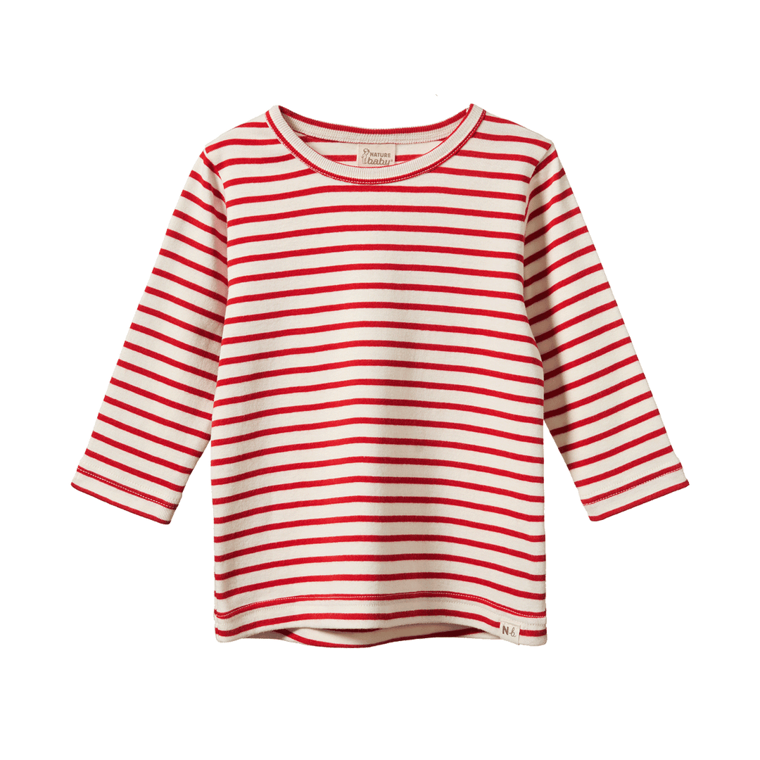 NATURE BABY - LONG SLEEVE RIVER TEE: RED STRIPE [sz:6-12 MTHS]