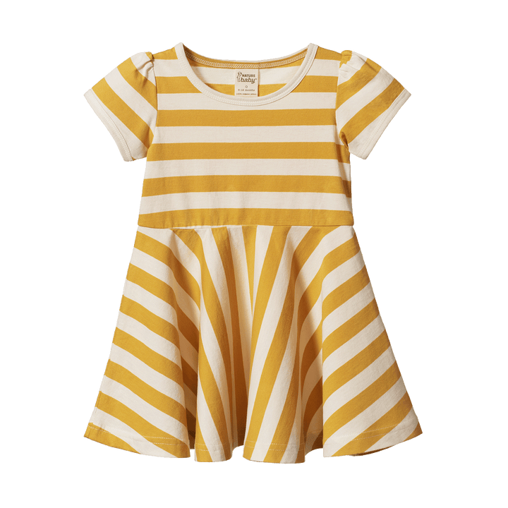 NATURE BABY - SEASIDE DRESS: GOLDEN SEA STRIPE [sz:6-12 MTHS]