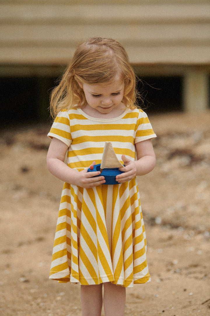 NATURE BABY - SEASIDE DRESS: GOLDEN SEA STRIPE [sz:6-12 MTHS]