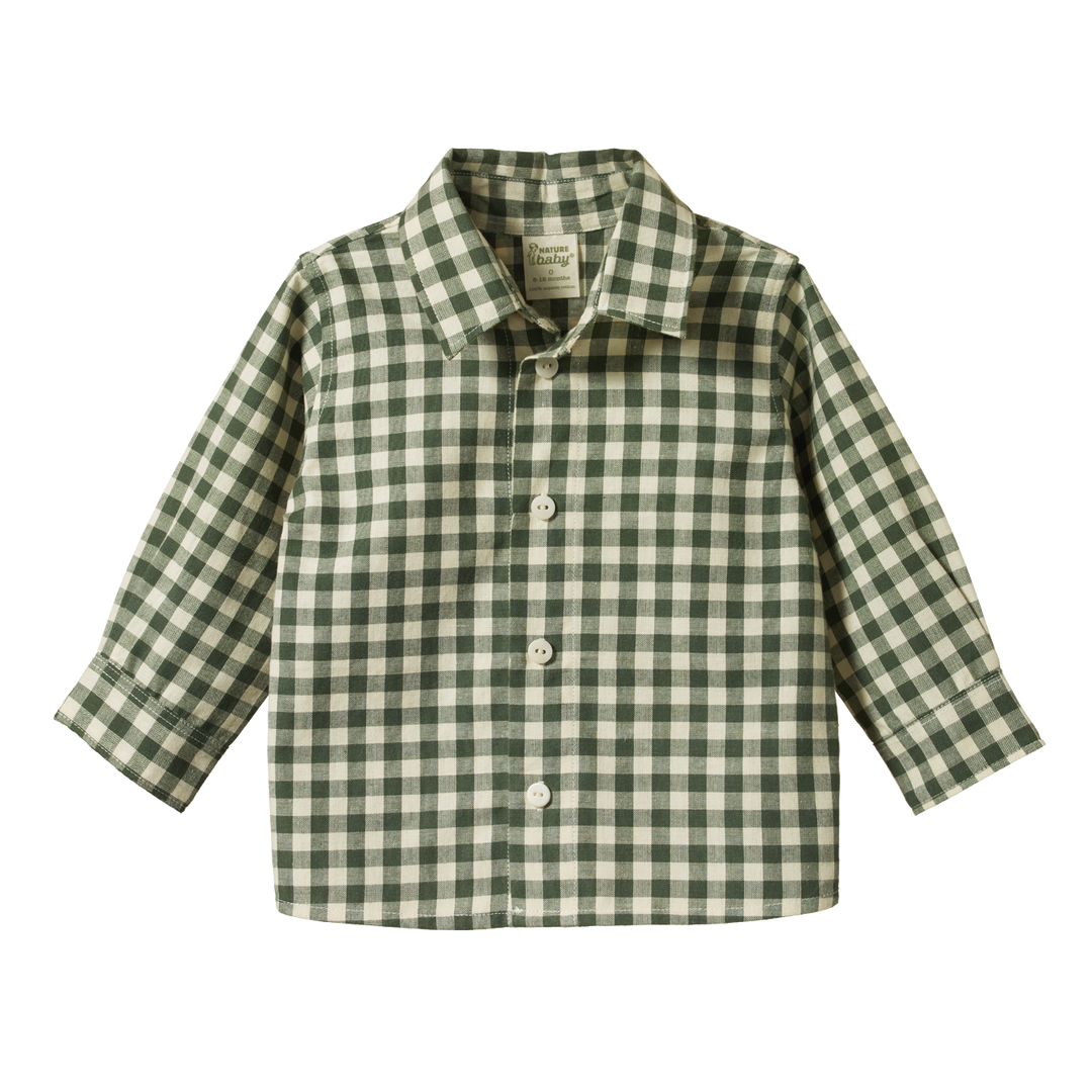 NATURE BABY - LONG SLEEVE IRA BUTTON UP: THYME CHECK [sz:6-12 MTHS]