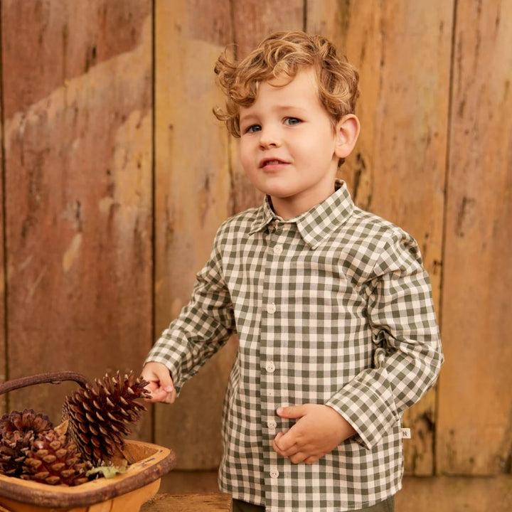 NATURE BABY - LONG SLEEVE IRA BUTTON UP: THYME CHECK [sz:6-12 MTHS]