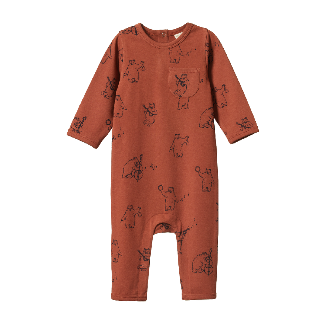 NATURE BABY - LONG SLEEVE QUINCY ROMPER: BLUEGRASS BEARS COCO PRINT