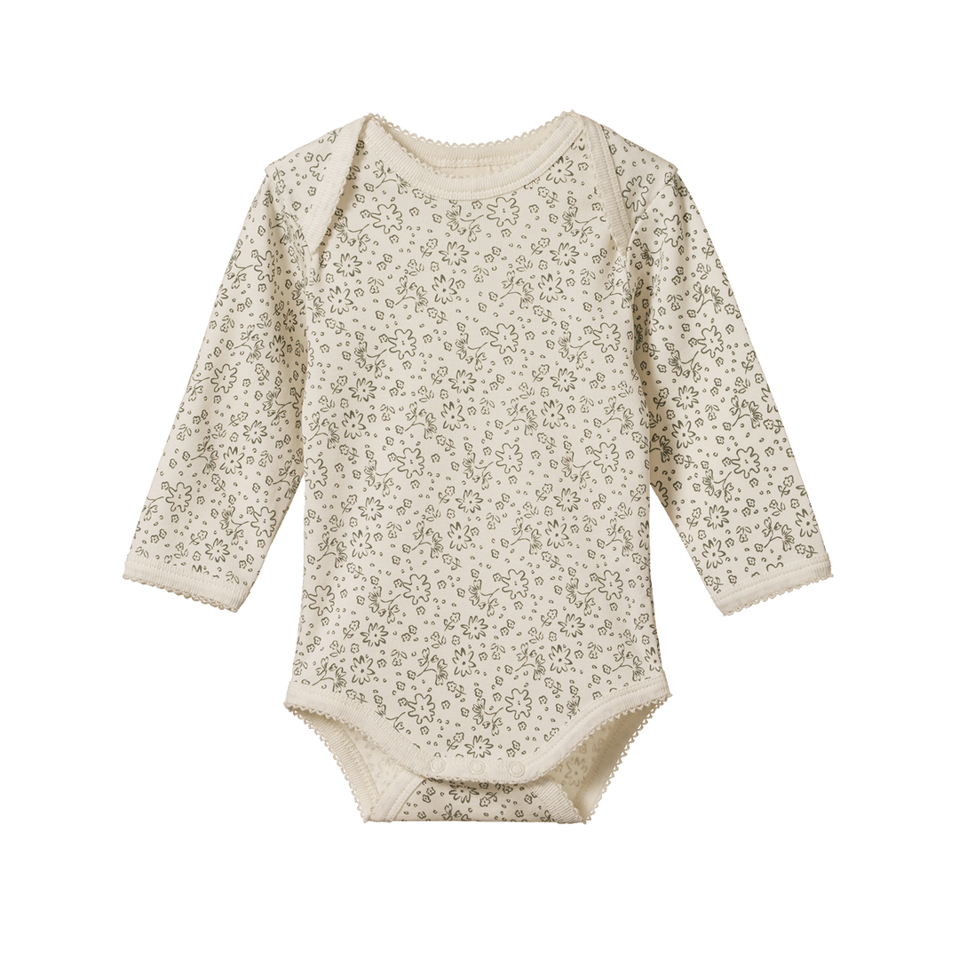 NATURE BABY - SPRINTER COLLECTION: LONG SLEEVE BODYSUIT PETITE BLOOMSBURY PRINT [sz:0-3 MTHS]