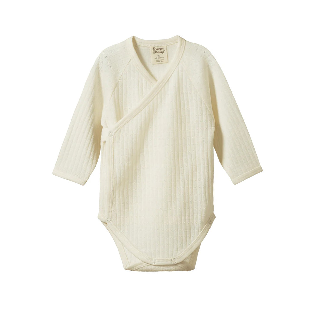 NATURE BABY - MERINO KIMONO LONG SLEEVE BODYSUIT POINTELLE: NATURAL [sz:NB]