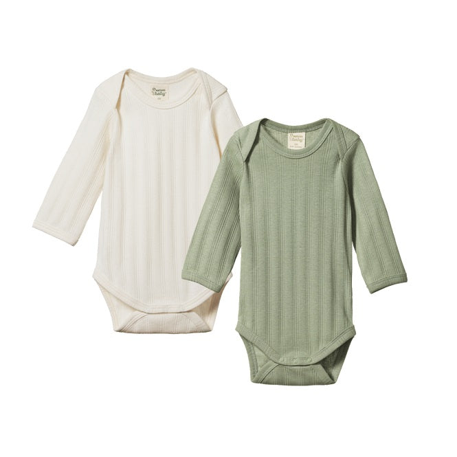 NATURE BABY - LONG SLEEVE BODYSUIT DERBY 2 PACK: NATURAL/NETTLE [sz:0-3 MTHS]