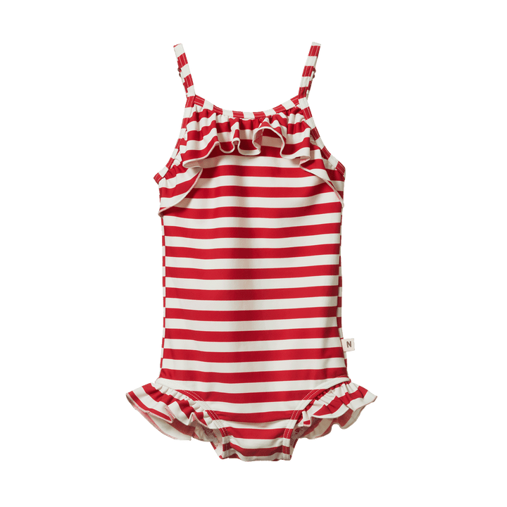 NATURE BABY - FRILL SWIMSUIT: RED SEA STRIPE [sz:6-12 MTHS]