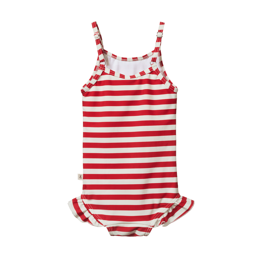 NATURE BABY - FRILL SWIMSUIT: RED SEA STRIPE [sz:6-12 MTHS]