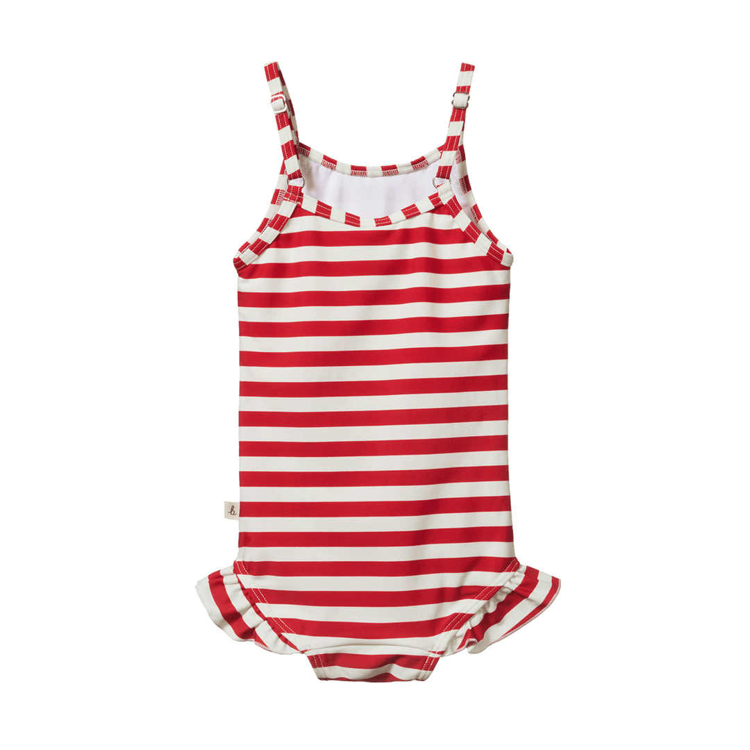 NATURE BABY - FRILL SWIMSUIT: RED SEA STRIPE [sz:6-12 MTHS]