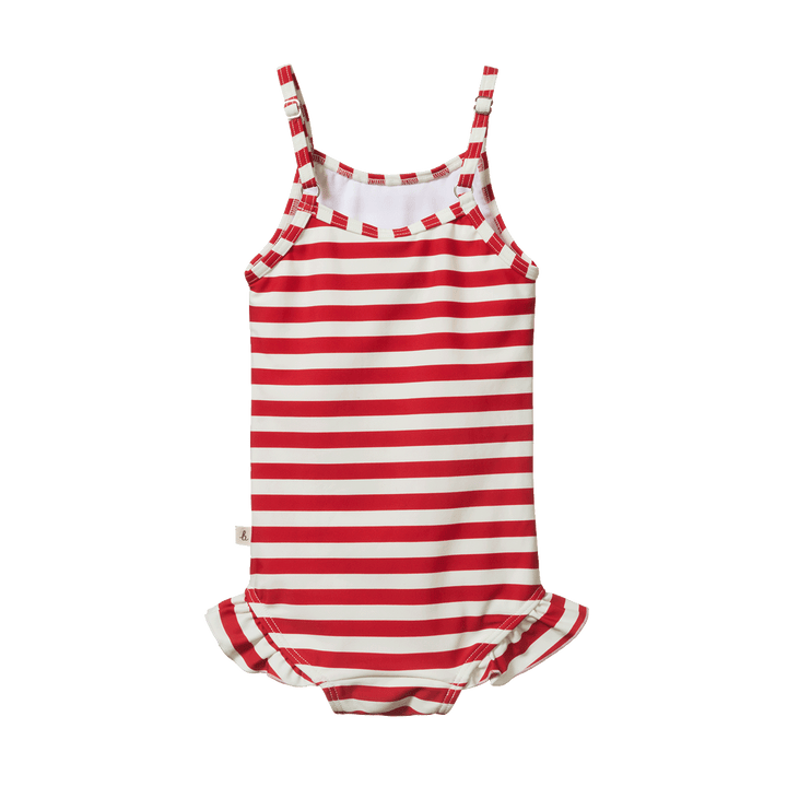 NATURE BABY - FRILL SWIMSUIT: RED SEA STRIPE [sz:6-12 MTHS]