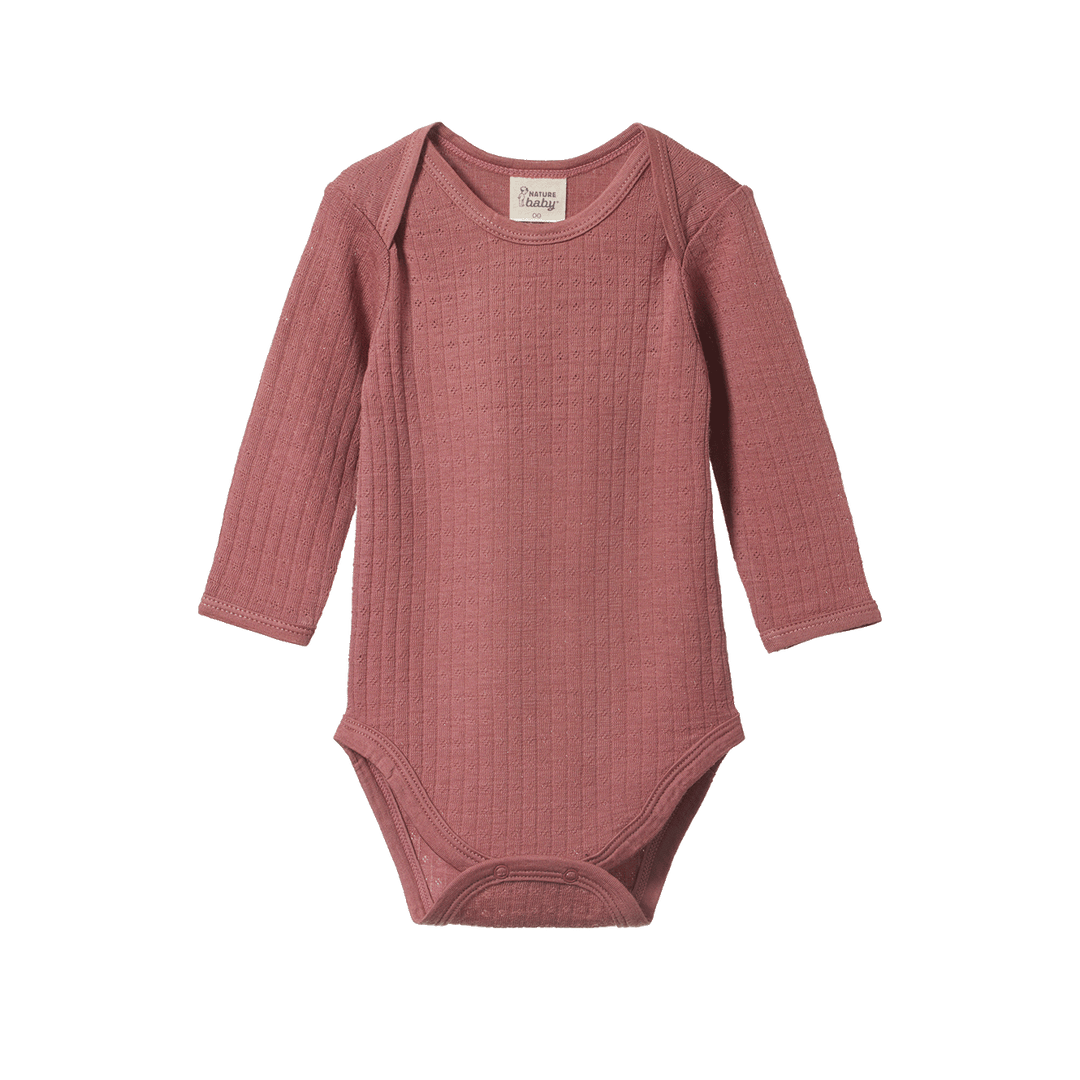 NATURE BABY - MERINO ESSENTIAL LONG SLEEVE BODYSUIT POINTELLE: WOODLAND ROSE [sz:NB]