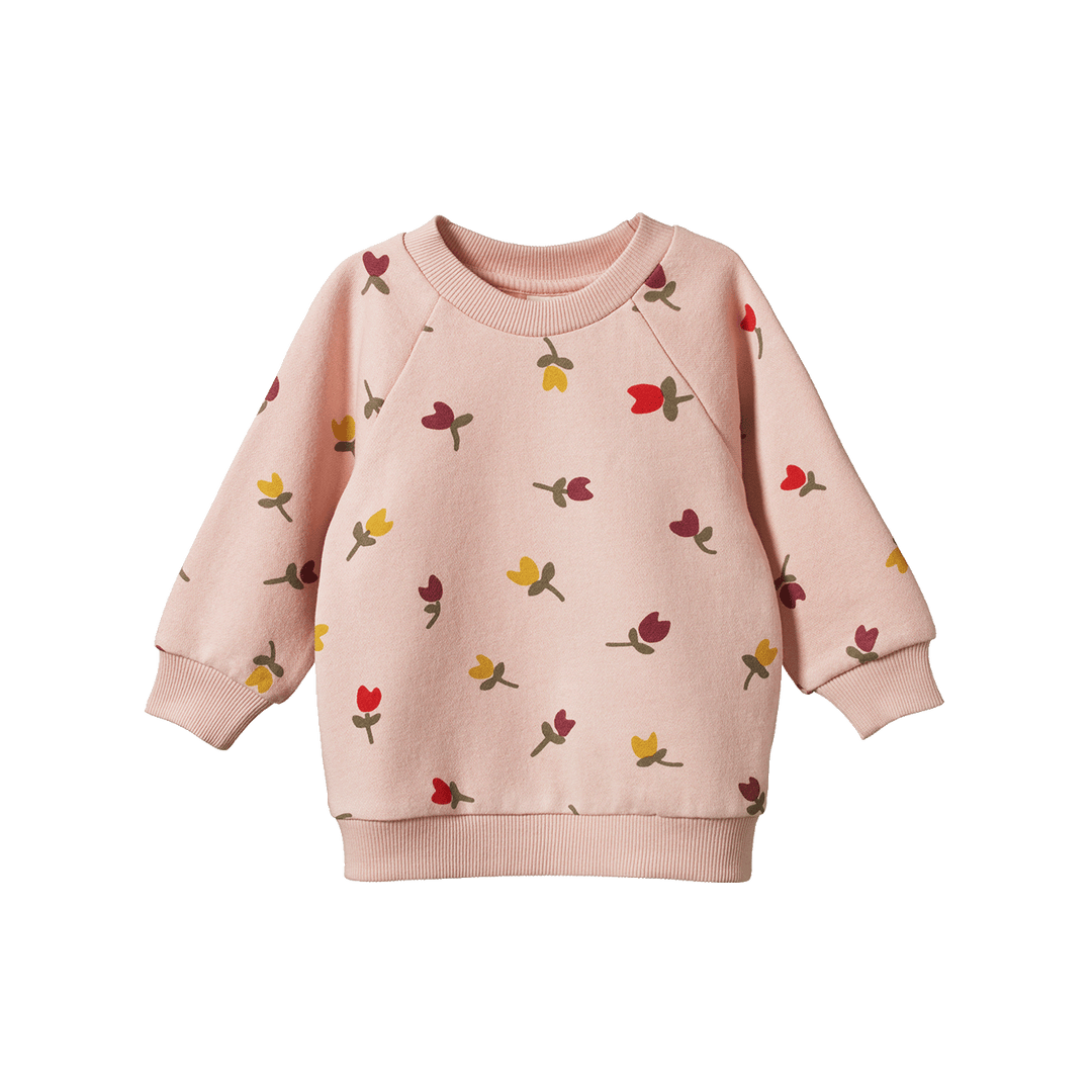 NATURE BABY - EMERSON SWEATER: TULIPS ROSE DUST PRINT [sz:6-12 MTHS]