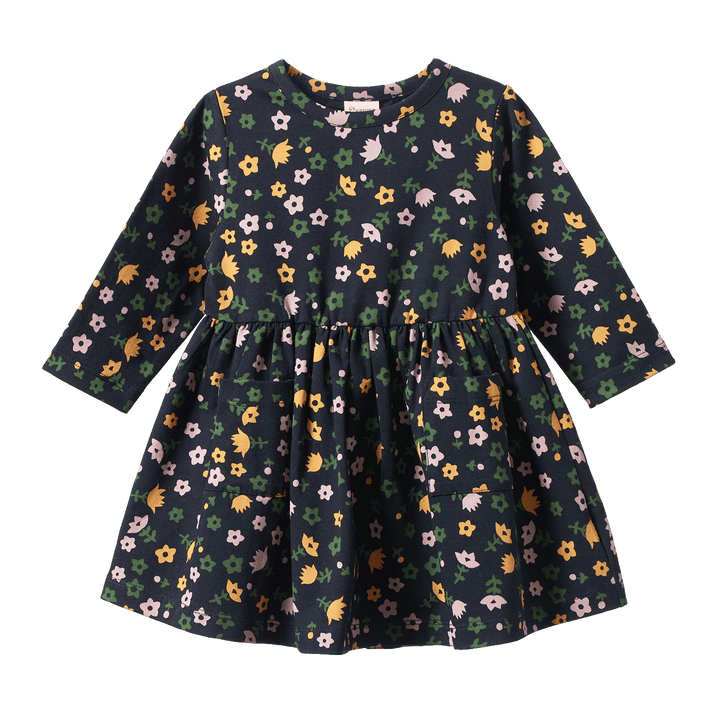 NATURE BABY - TWIRL LONG SLEEVE DRESS: NAVY POLLYANNA PRINT [sz:6-12 MTHS]