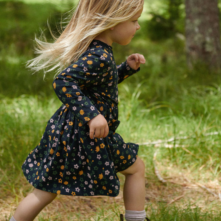 NATURE BABY - TWIRL LONG SLEEVE DRESS: NAVY POLLYANNA PRINT [sz:6-12 MTHS]