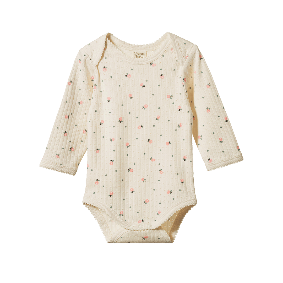 NATURE BABY - LONG SLEEVE BODYSUIT POINTELLE: POSEY BLOSSOM PRINT [sz:NB]