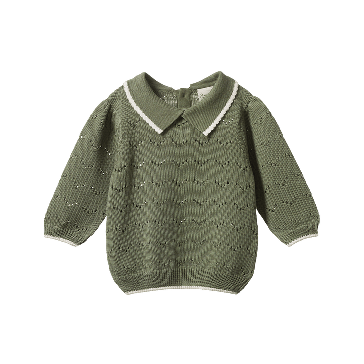 NATURE BABY - LONG SLEEVE MAEVE POLO: HEDGE GREEN POINTELLE [sz:6-12 MTHS]