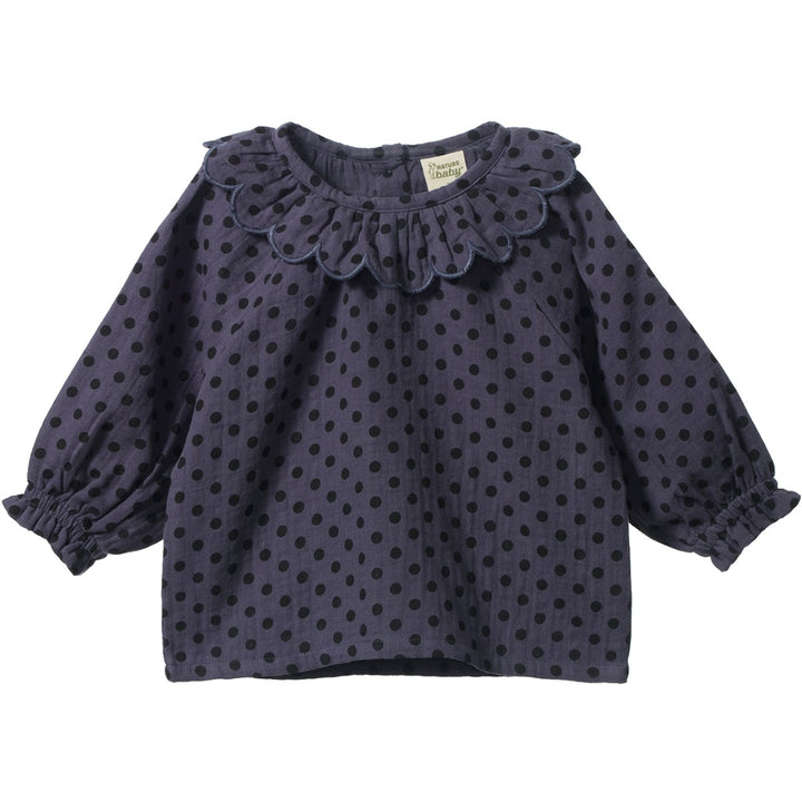 NATURE BABY - RUFFLE CAMERON BLOUSE: VIOLET POLKADOT [sz:6-12 MTHS]
