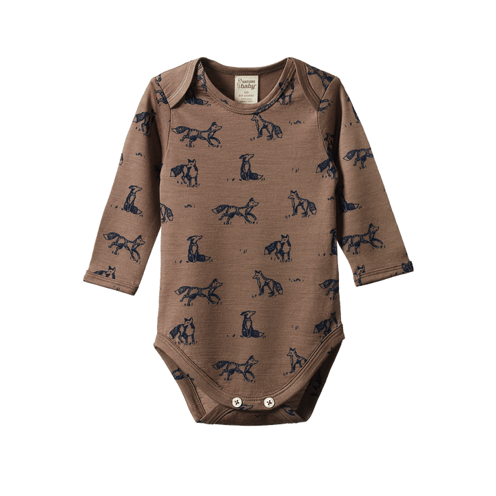 NATURE BABY - MERINO LONG SLEEVE BODYSUIT: FOXY PRINT [sz:0-3 MTHS]