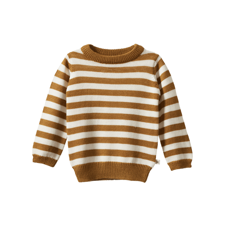NATURE BABY - MERINO KNIT PULLOVER: TOFFEE BOLD STRIPE [sz:6-12 MTHS]