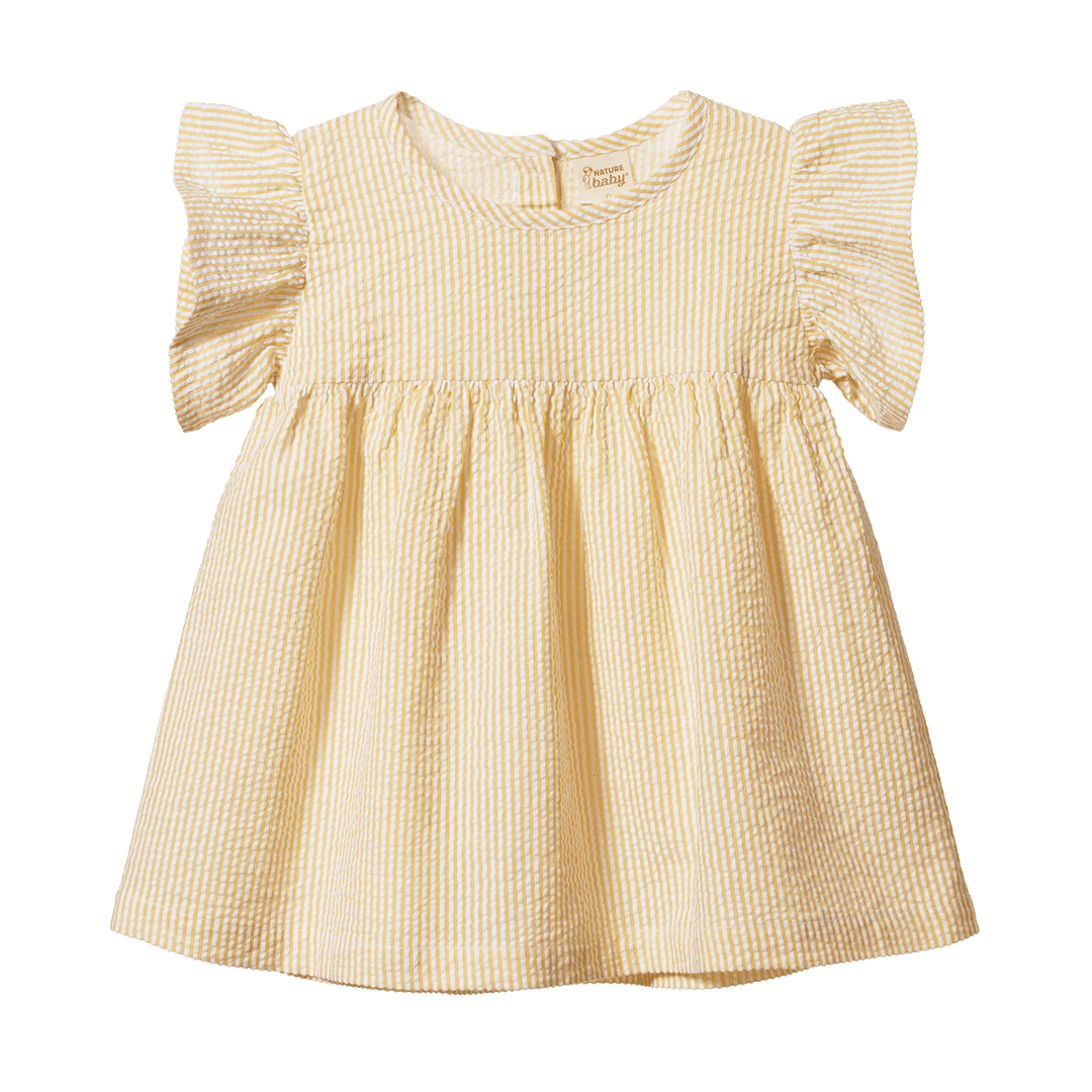 NATURE BABY - BONNIE DRESS LINEN: GOLDEN STRIPE [sz:6-12 MTHS]