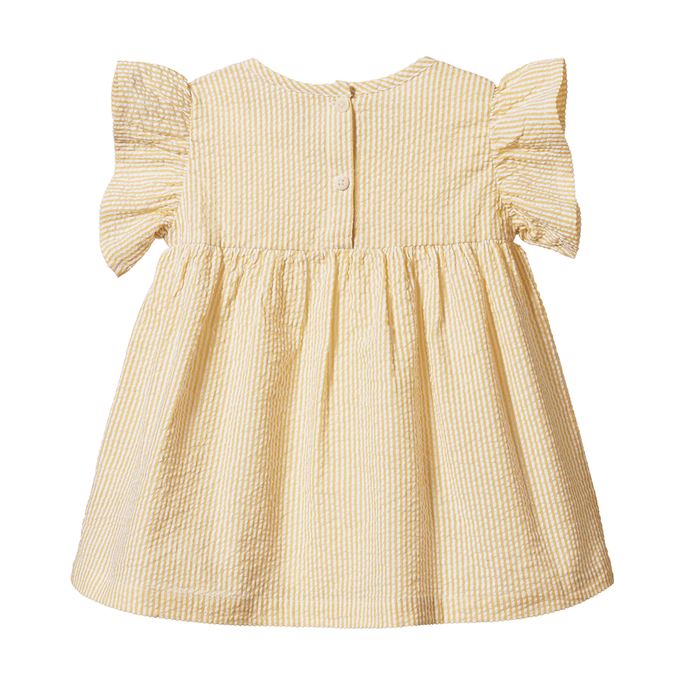 NATURE BABY - BONNIE DRESS LINEN: GOLDEN STRIPE [sz:6-12 MTHS]