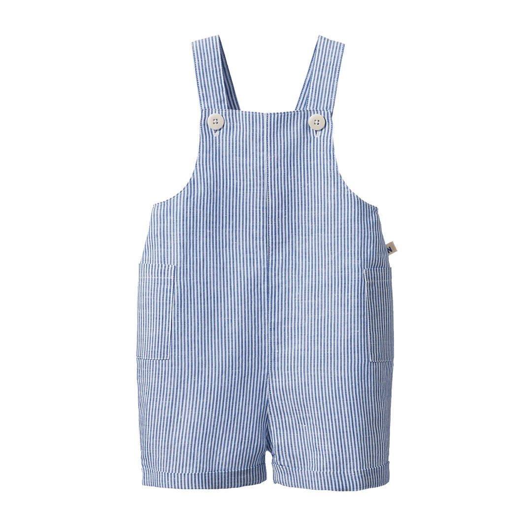 NATURE BABY - TUCKER SHORTIE OVERALLS: LINEN BLUE STRIPE [sz:6-12 MTHS]