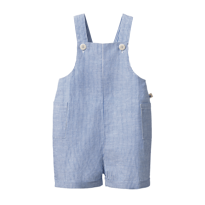 NATURE BABY - TUCKER SHORTIE OVERALLS: LINEN BLUE STRIPE [sz:6-12 MTHS]