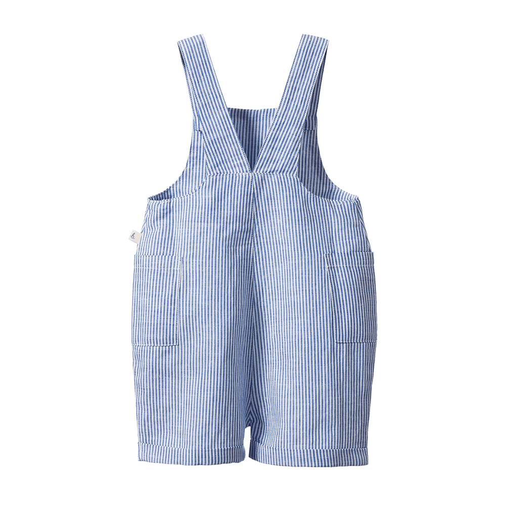 NATURE BABY - TUCKER SHORTIE OVERALLS: LINEN BLUE STRIPE [sz:6-12 MTHS]