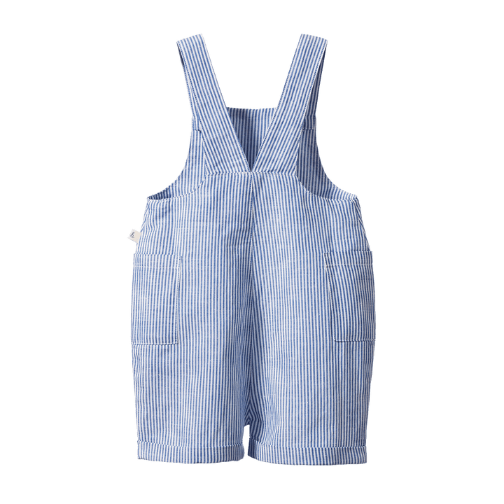 NATURE BABY - TUCKER SHORTIE OVERALLS: LINEN BLUE STRIPE [sz:6-12 MTHS]