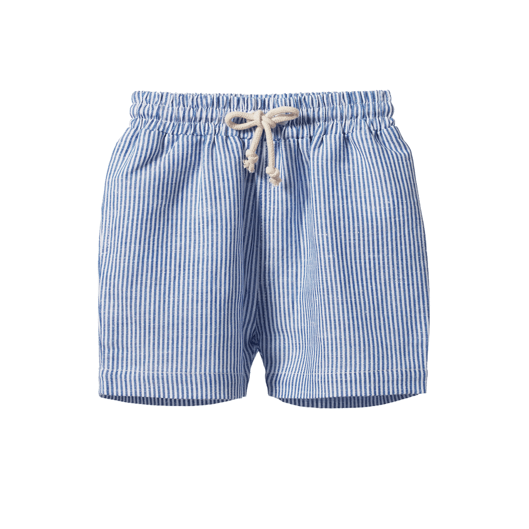 NATURE BABY - JAMES SHORT: LINEN BLUE STRIPE [sz:6-12 MTHS]