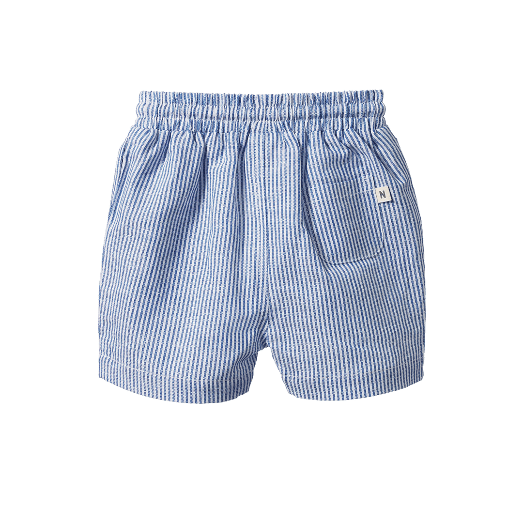 NATURE BABY - JAMES SHORT: LINEN BLUE STRIPE [sz:6-12 MTHS]