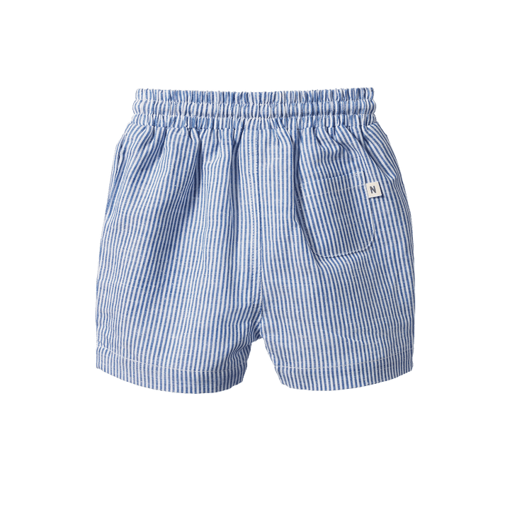 NATURE BABY - JAMES SHORT: LINEN BLUE STRIPE [sz:6-12 MTHS]