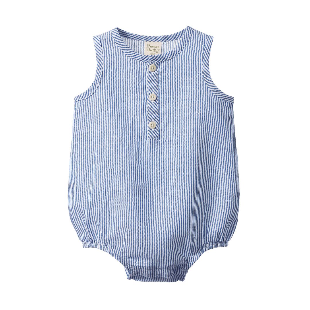NATURE BABY - CEDAR SUIT:  LINEN BLUE STRIPE [sz:0-3 MTHS]