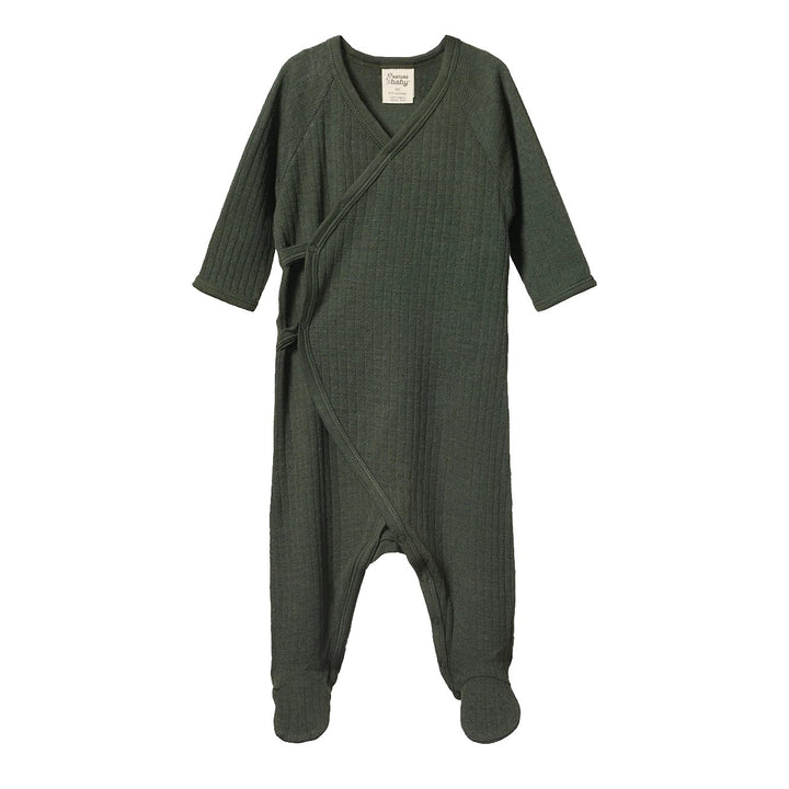 NATURE BABY - MERINO KIMONO STRETCH & GROW POINTELLE: THYME [sz:NB]