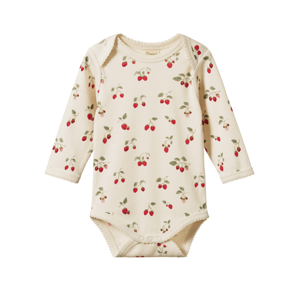 NATURE BABY - LONG SLEEVE BODYSUIT: STRAWBERRY BLUSH PRINT [sz:0-3 MTHS]