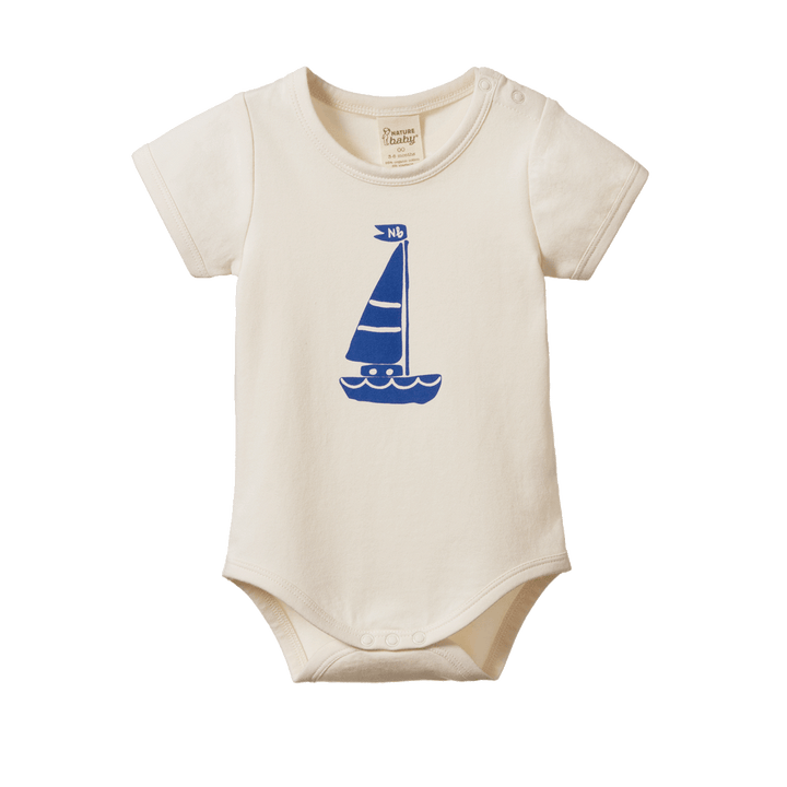 NATURE BABY - STRETCH JERSEY S/SLEEVE BODYSUIT: SAIL BOAT PRINT [sz:0-3 MTHS]