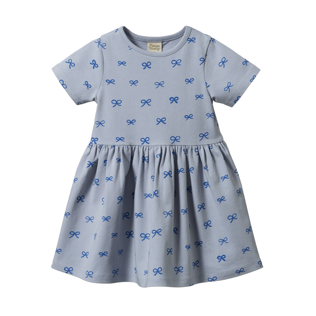 NATURE BABY - SATURDAY DRESS: RIBBONS ZEN BLUE PRINT [sz:6-12 MTHS]