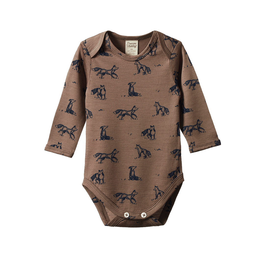 NATURE BABY - MERINO LONG SLEEVE BODYSUIT: FOXY PRINT [sz:0-3 MTHS]