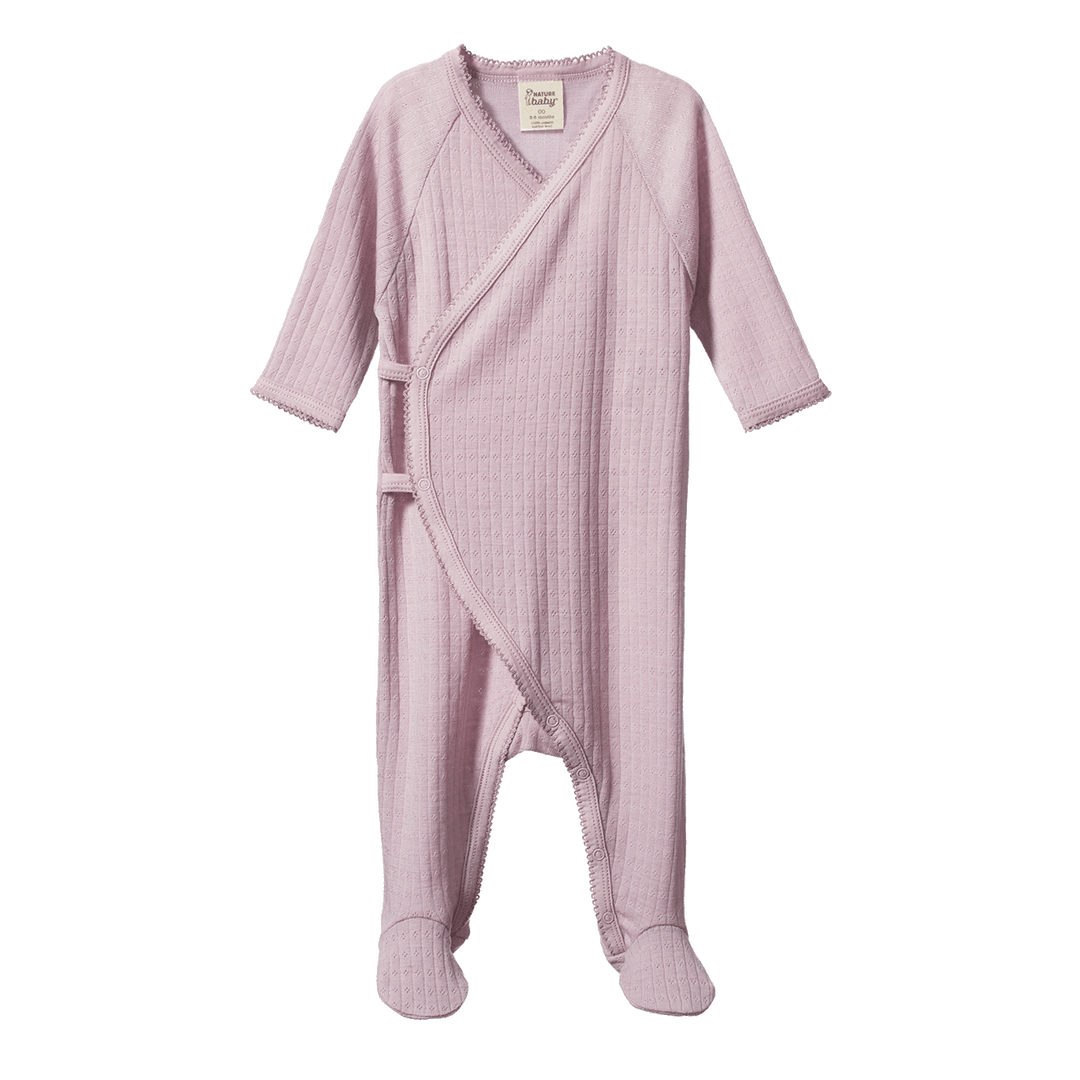 NATURE BABY - MERINO KIMONO STRETCH & GROW POINTELLE: LILAC [sz:NB]