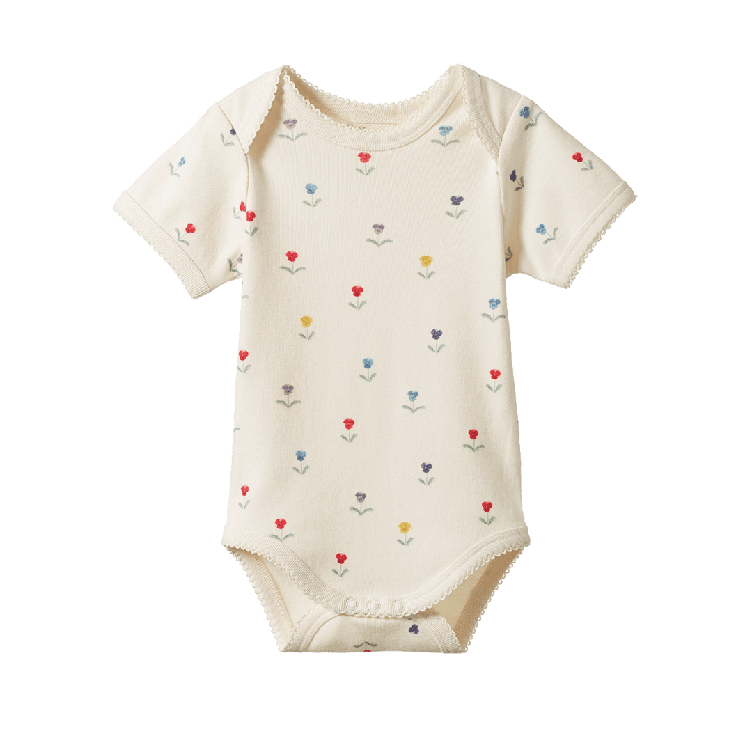 NATURE BABY - SHORT SLEEVE BODYSUIT: DELPHINE PRINT [sz:0-3 MTHS]