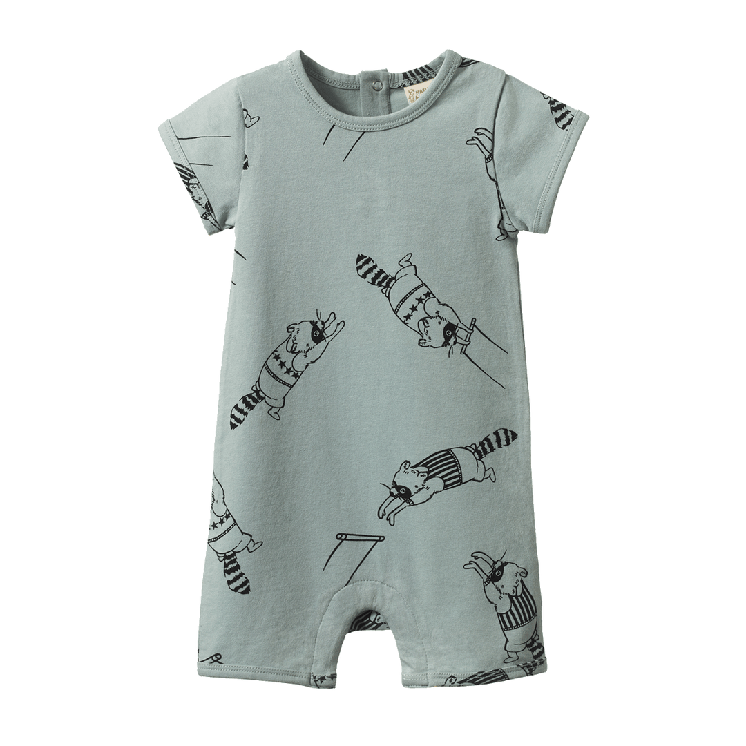 NATURE BABY - SHORT SLEEVE QUINCY ROMPER: RACCOON RHAPSODY PRINT [sz:0-3 MTHS]