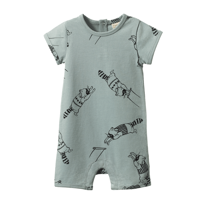 NATURE BABY - SHORT SLEEVE QUINCY ROMPER: RACCOON RHAPSODY PRINT [sz:0-3 MTHS]
