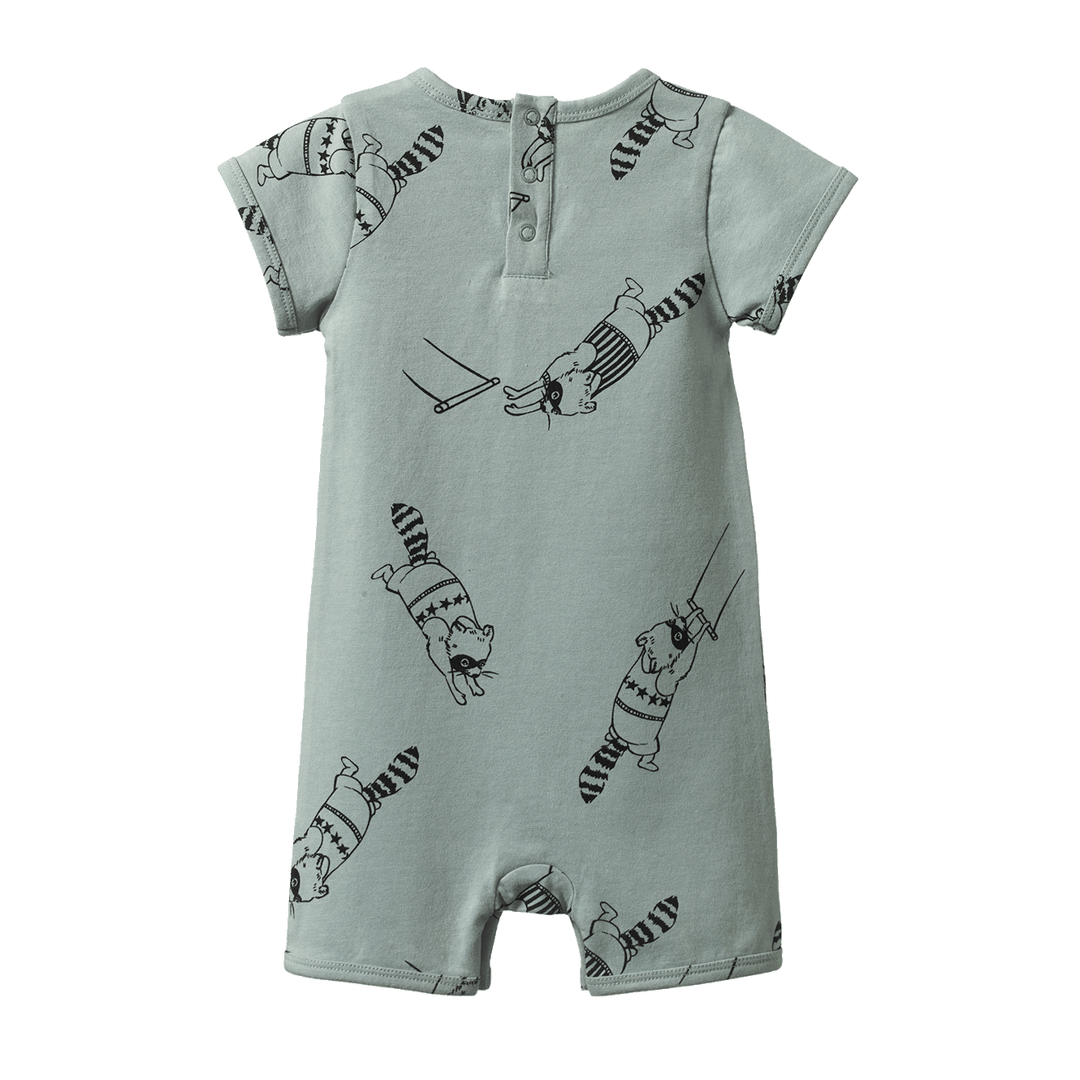 NATURE BABY - SHORT SLEEVE QUINCY ROMPER: RACCOON RHAPSODY PRINT [sz:0-3 MTHS]