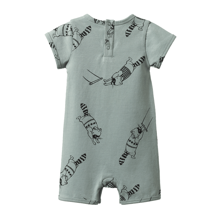 NATURE BABY - SHORT SLEEVE QUINCY ROMPER: RACCOON RHAPSODY PRINT [sz:0-3 MTHS]