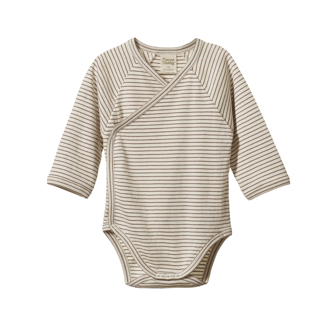 NATURE BABY - KIMONO LONG SLEEVE BODYSUIT: MUSHROOM PINSTRIPE [sz:NB]