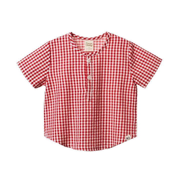 NATURE BABY - SHORT SLEEVE CARAVAN SHIRT: RED CHECK [sz:6-12 MTHS]