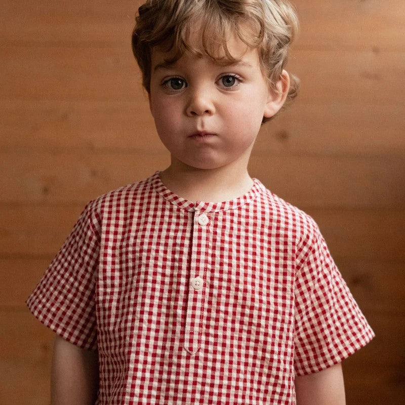 NATURE BABY - SHORT SLEEVE CARAVAN SHIRT: RED CHECK [sz:6-12 MTHS]