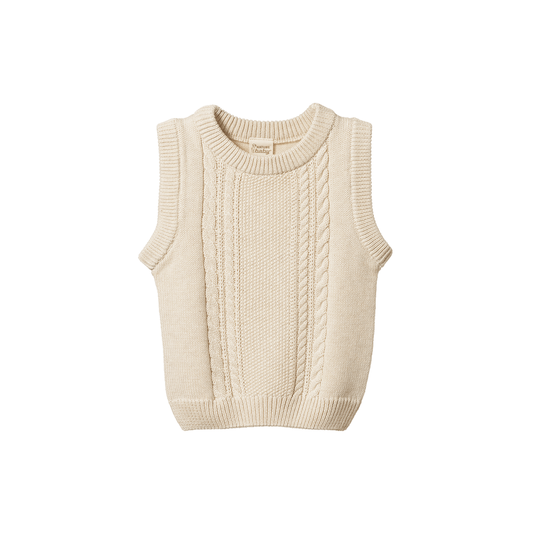 NATURE BABY - WALTER VEST: OATMEAL MARL CABLE KNIT [sz:6-12 MTHS]