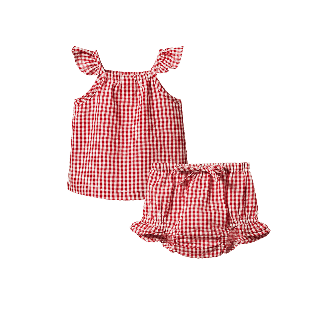 NATURE BABY - PETAL SET: RED CHECK GINGHAM [sz:0-3 MTHS]