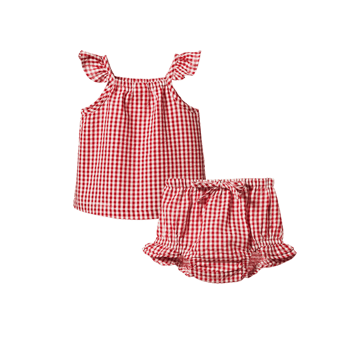 NATURE BABY - PETAL SET: RED CHECK GINGHAM [sz:0-3 MTHS]