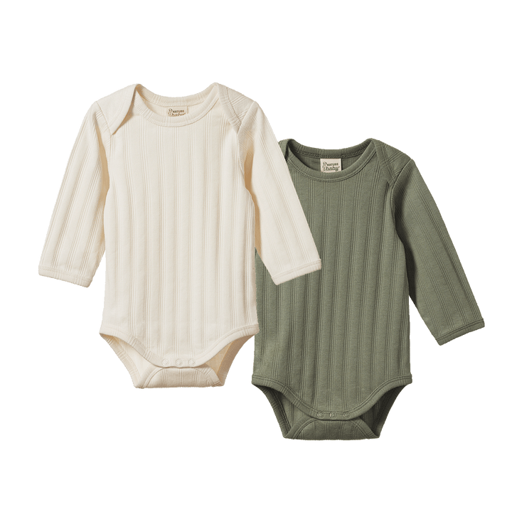 NATURE BABY - LONG SLEEVE BODYSUIT DERBY 2 PACK: NATURAL/NETTLE [sz:NB]